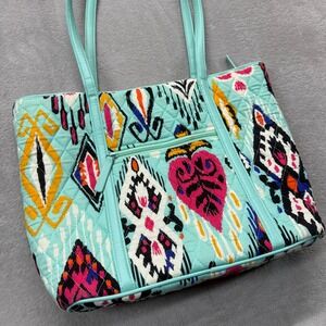 Vera Bradley Purse Pueblo Quilted Bag Aqua Blue Pattern Leather Trim Zipper Tote
